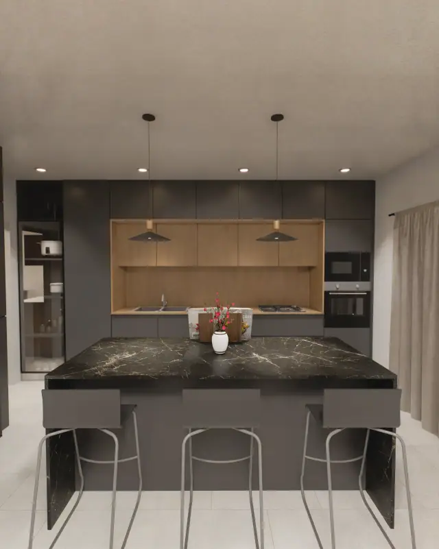 Render de la cocina de Casa Apolo, Córdoba