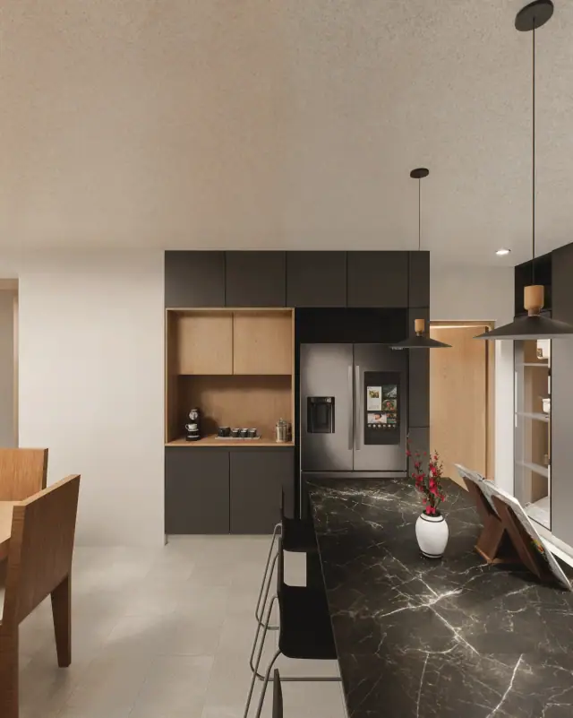 Render de la cocina de Casa Apolo, Córdoba