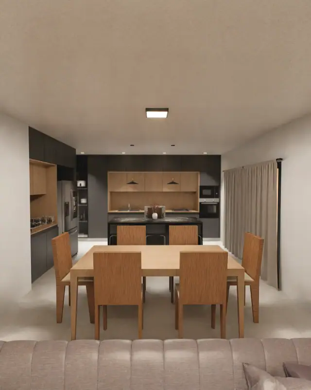 Render de la cocina comedor de Casa Apolo, Córdoba