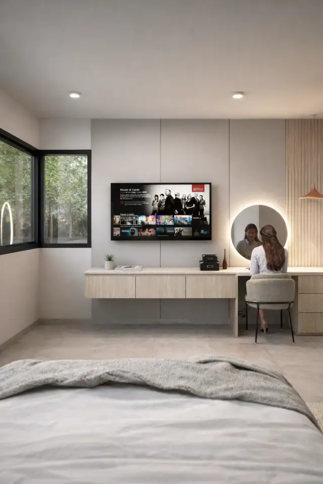 Render de el dormitorio principal de Casa Candeguí, Córdoba