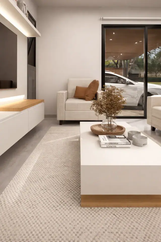 Render de el estar de Casa Candeguí, Córdoba