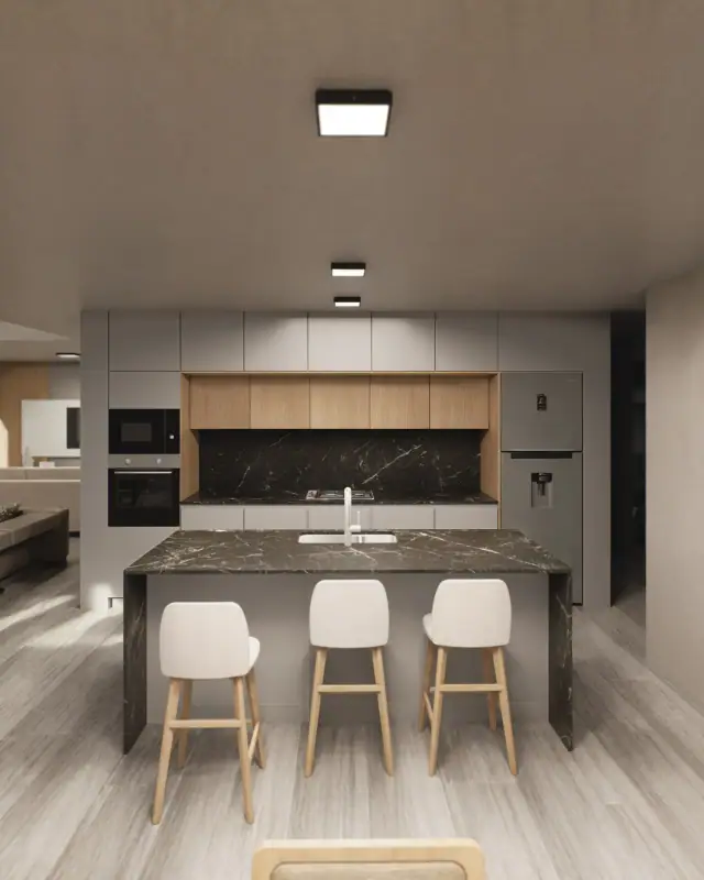Render de la cocina de Casa J4, Córdoba