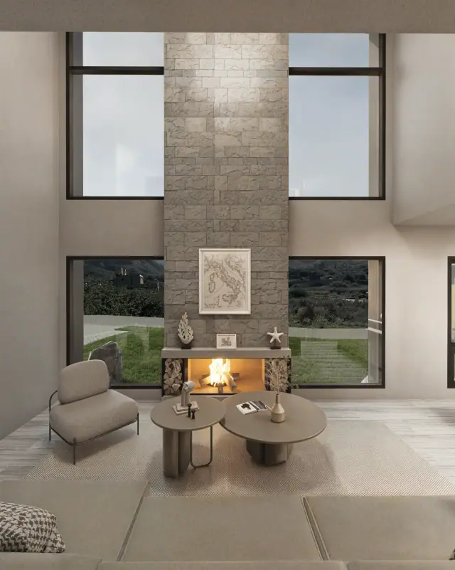 Render de el estar de Casa J4, Córdoba