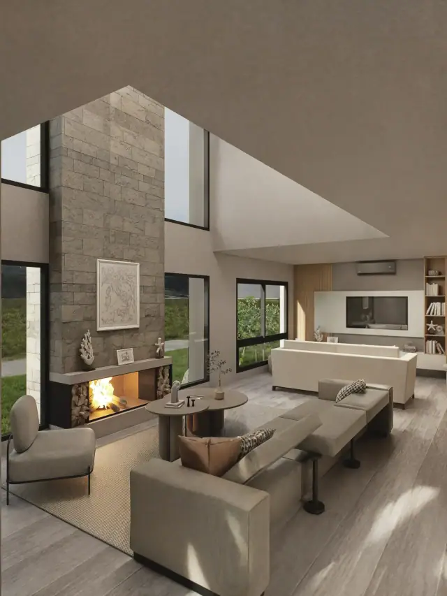 Render de el estar de Casa J4, Córdoba