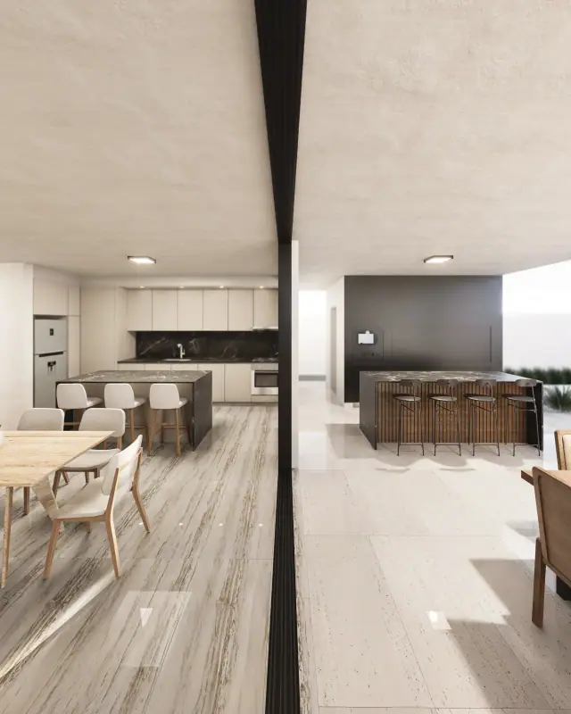Render de la cocina y la galería de Casa Oikos, Córdoba
