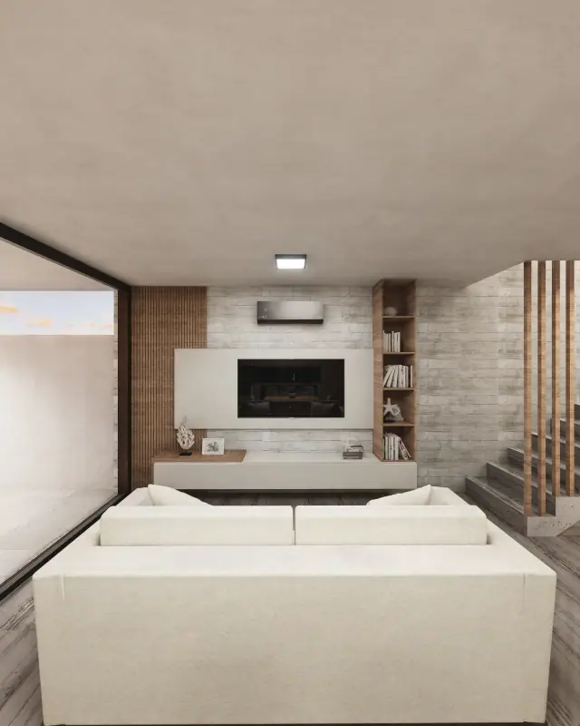 Render de el estar de Casa Oikos, Córdoba
