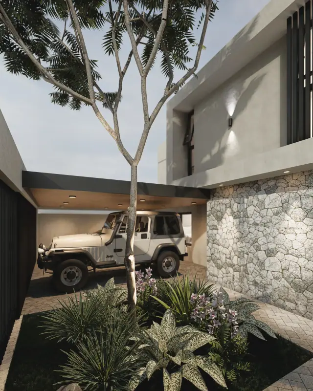 Render de el jardín de Casa Oikos, Córdoba