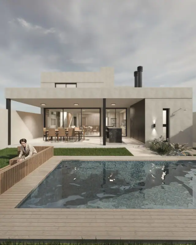 Render de el patio de Casa Oikos, Córdoba